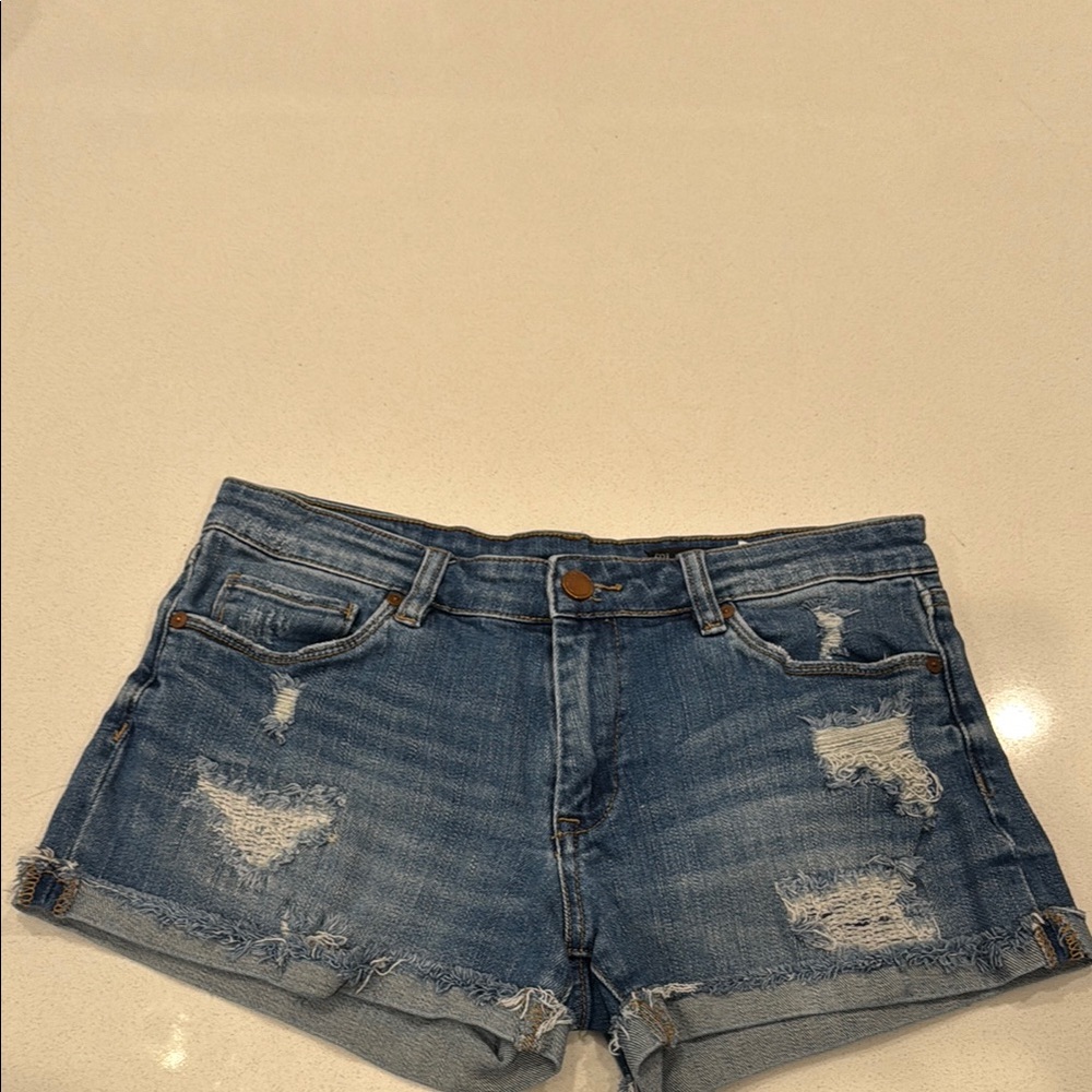 Blank NYC Blue Distressed Jean Shorts with Cuffed Hems